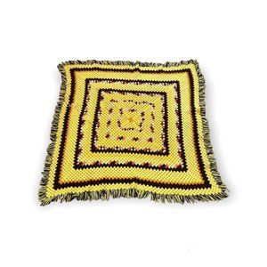 Vintage Boho Granny Afghan Fringe Festival Yellow Orange Brown Blanket 51 x 51